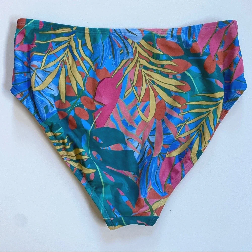 Kona Sol Womens Tropical Leaf Bikini Set Blue Pink Tie Front Top L‎ Bottom M